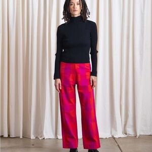 Ali Golden Silk Fly Front Pants w/ Pocket  - Poppy/Plaid Pink